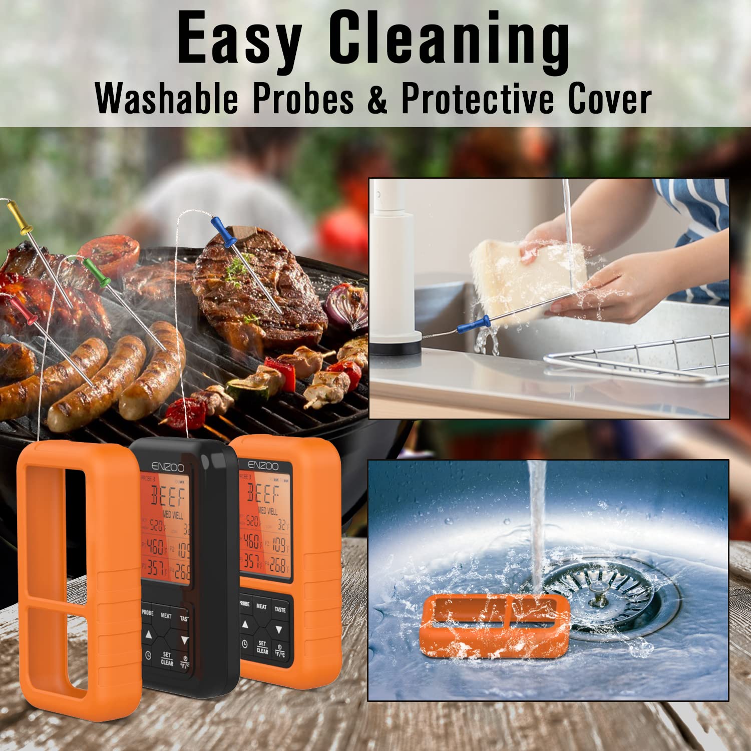 ENZOO 500FT Wireless Meat Thermometer with 4 Probes for Grilling, Instant Read Food Thermometer, Digital Meat Thermometer, Cooking Thermometer for Smoker, BBQ Accessories, Carrying Case Included