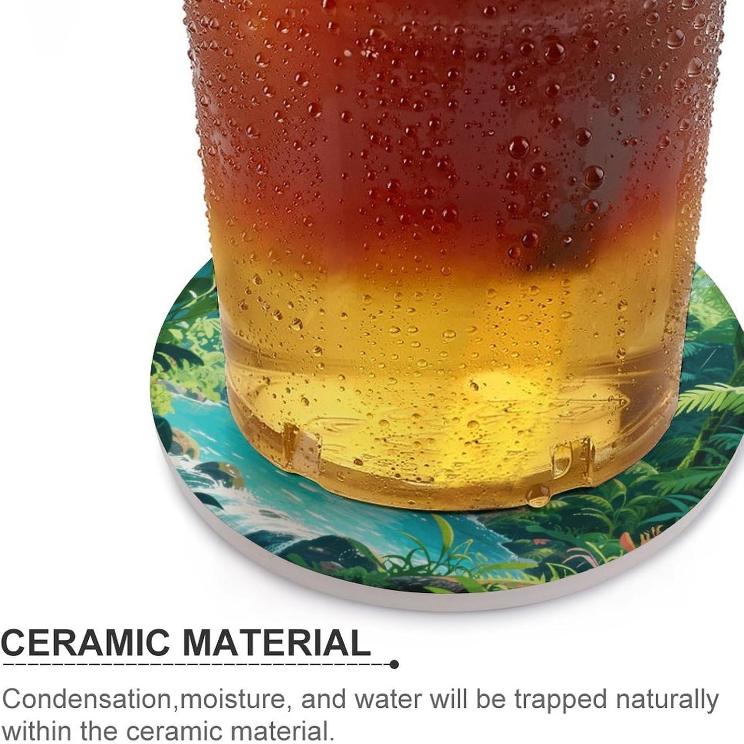 Rainforest Pool Ceramic Coasters with Cork Back | 4.1in Round Heat Resistant Table Mats for Mugs Wine Glasses Home Bar Kitchen Counter Daily Household Use