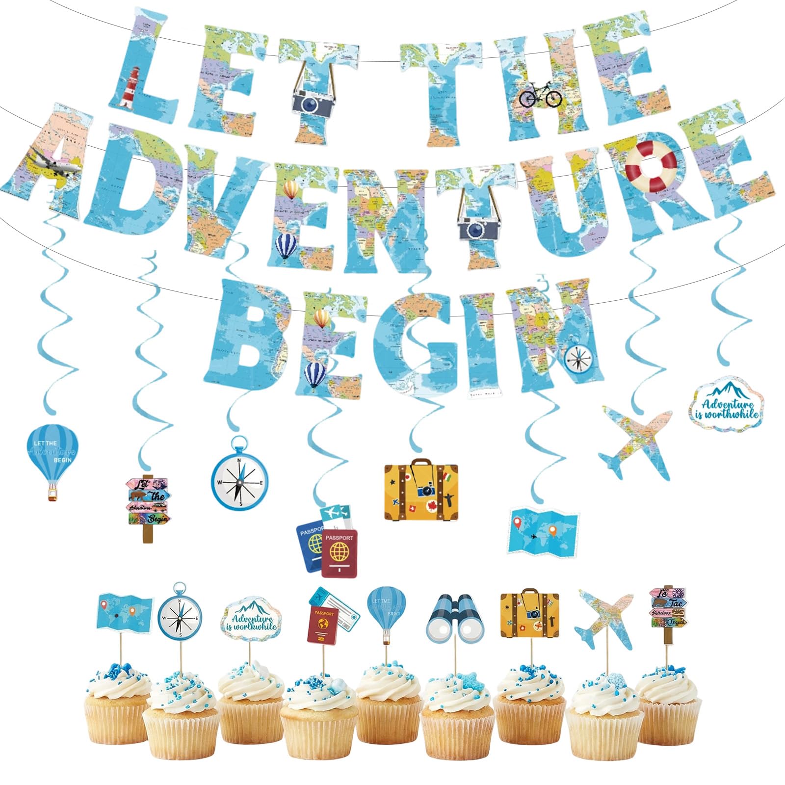 20Pcs Bon Voyage Party Decorations World Map Let The Adventure Begin Banner Australian Travelling Farewell Party Decorations for Travel Themed Farewell Graduation Retirement Parties