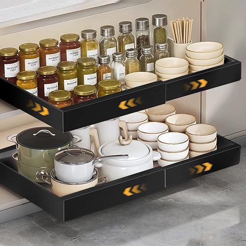 VINATO Cajones Extraíbles Para Cocina, Ancho Ajustable 32-52cm, Negro | Cajones Extraíbles Cocina sin Taladrar, para Pegar o Atornillar, Acero Carbono, 3 Guías Silenciosas, 32-52cm x 42cm x 7,5cm