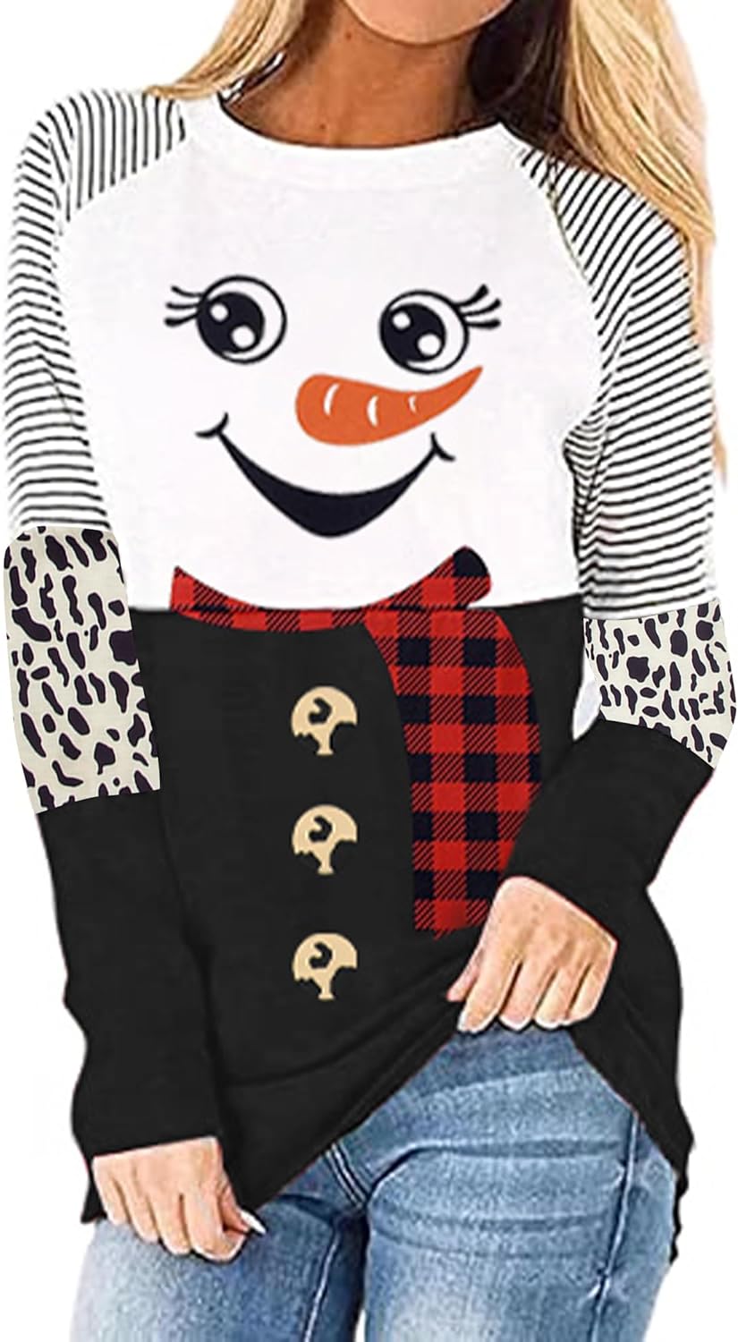 BANGELY Snowman Christmas Shirts Plaid Hat Graphics Long Sleeve Top Leopard Print Sleeve Pullover Raglan Baseball Tees