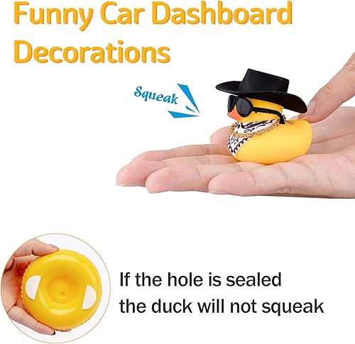 Miniatura 25 de wonuu Pato de goma para automóvil, decoración de pato amarillo con sombrero de sol, collar, gafas de sol para decoración de tablero de automóvil