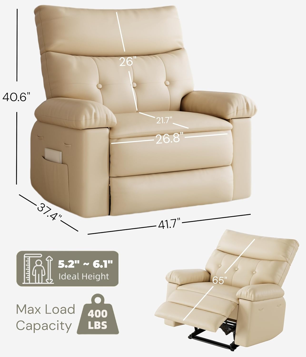 Garvee Oversized Extra Wide Recliner Chair - PU Leather Manual Recliner for Adults, Comfy Reclining Chair with Overstuffed Arms and Back, Side Pocket, Single Sofa for Living Room, Bedroom