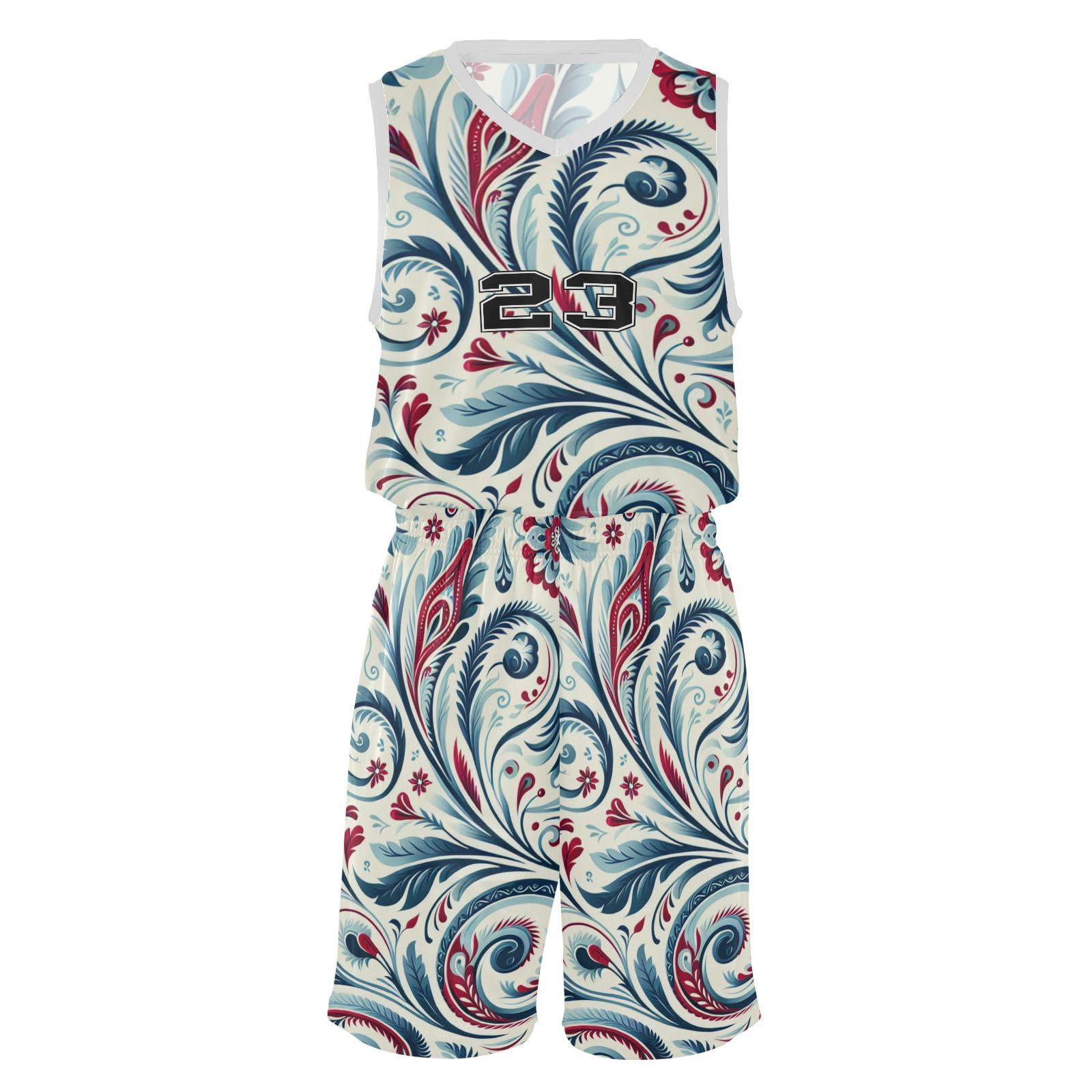 FLildon Blue and Red Floral Boys Basketball Jersey Set Tank Top Shorts Tracksuit Sport Training Suit for Kids, L