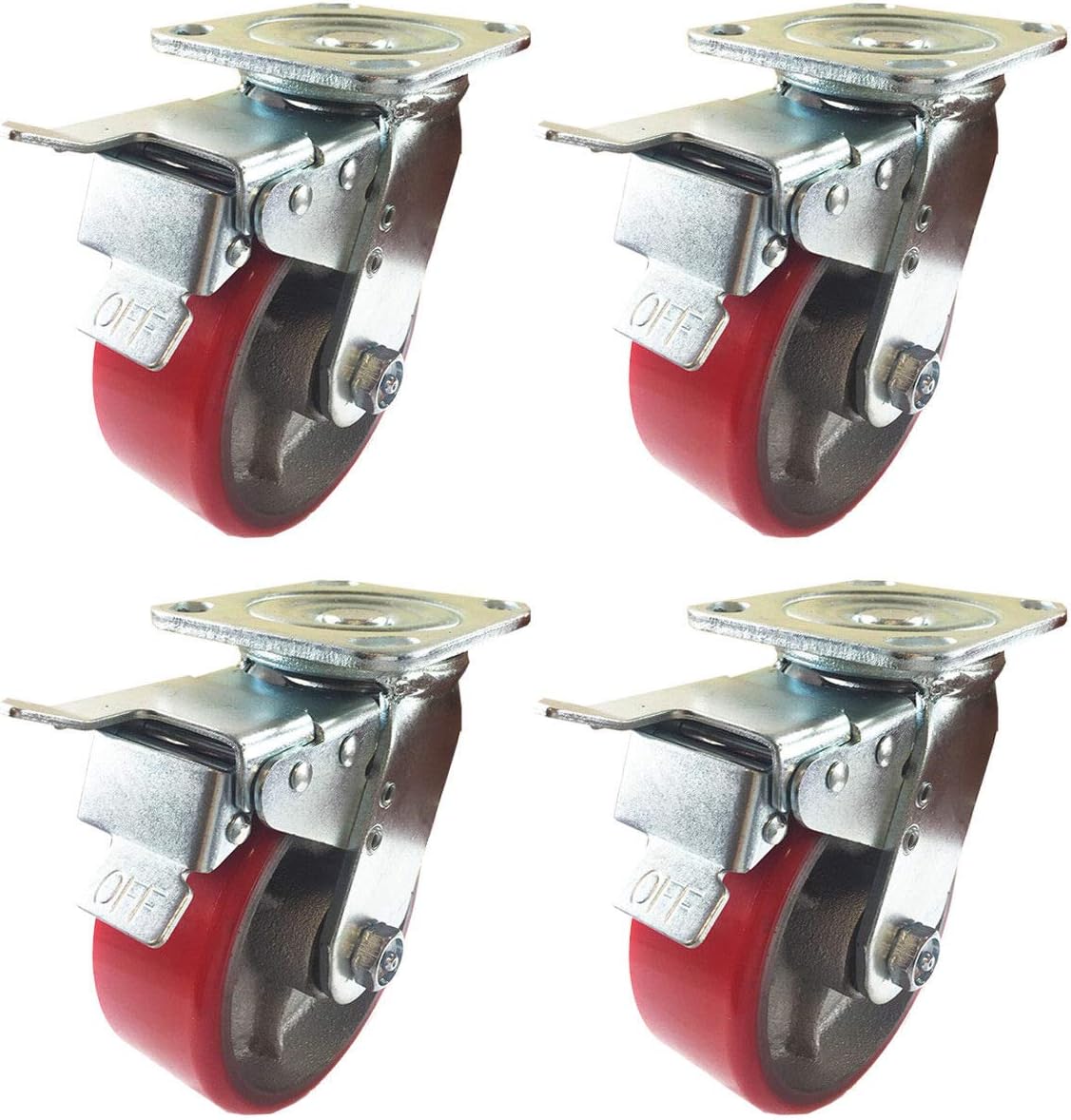 4 Caster 5" 6" 8" Polyurethane on Cast Iron Rigid & Total Lock Brake (Red) (6": 4 Total Lock) for Furniture, Workbench, Carts, Toolbox