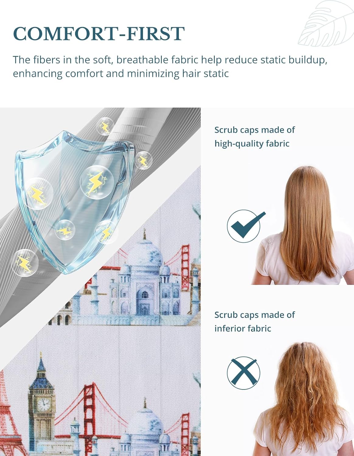 Scrub Caps Women Ponytail – World Landmarks Double-Sided Printed Surgical Hat with Buttons and Sweatband, Soft Nurse Cap for Long Hair, Helps Reduce Static Buildup