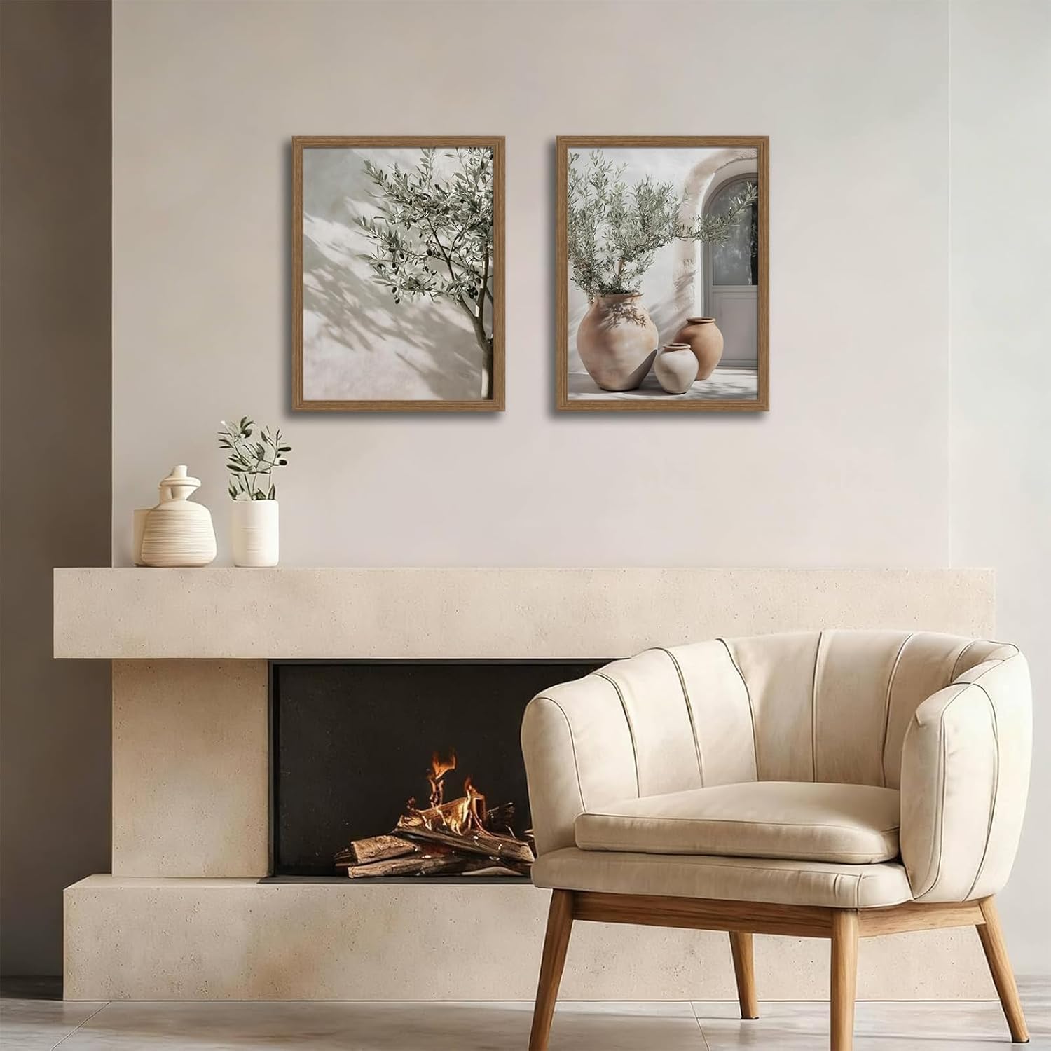 Mediterranean Wall Art Set of 2 with Wooden Frame – Olive Tree and Pottery Prints, Neutral Botanical Mediterranean Painting, Framed Picture Wall Decor 12x16 Inch