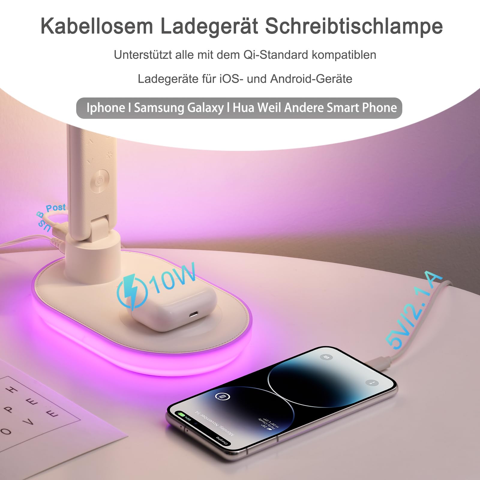 CCHKFEI Lámpara de Escritorio LED con Cargador Inalámbrico & Puerto USB, 3 Modos de Color con Lámpara Táctil de Escritorio, con Temperatura, Fecha, Reloj RGB para Cafetería, Escuela, Trabajo, Estudio