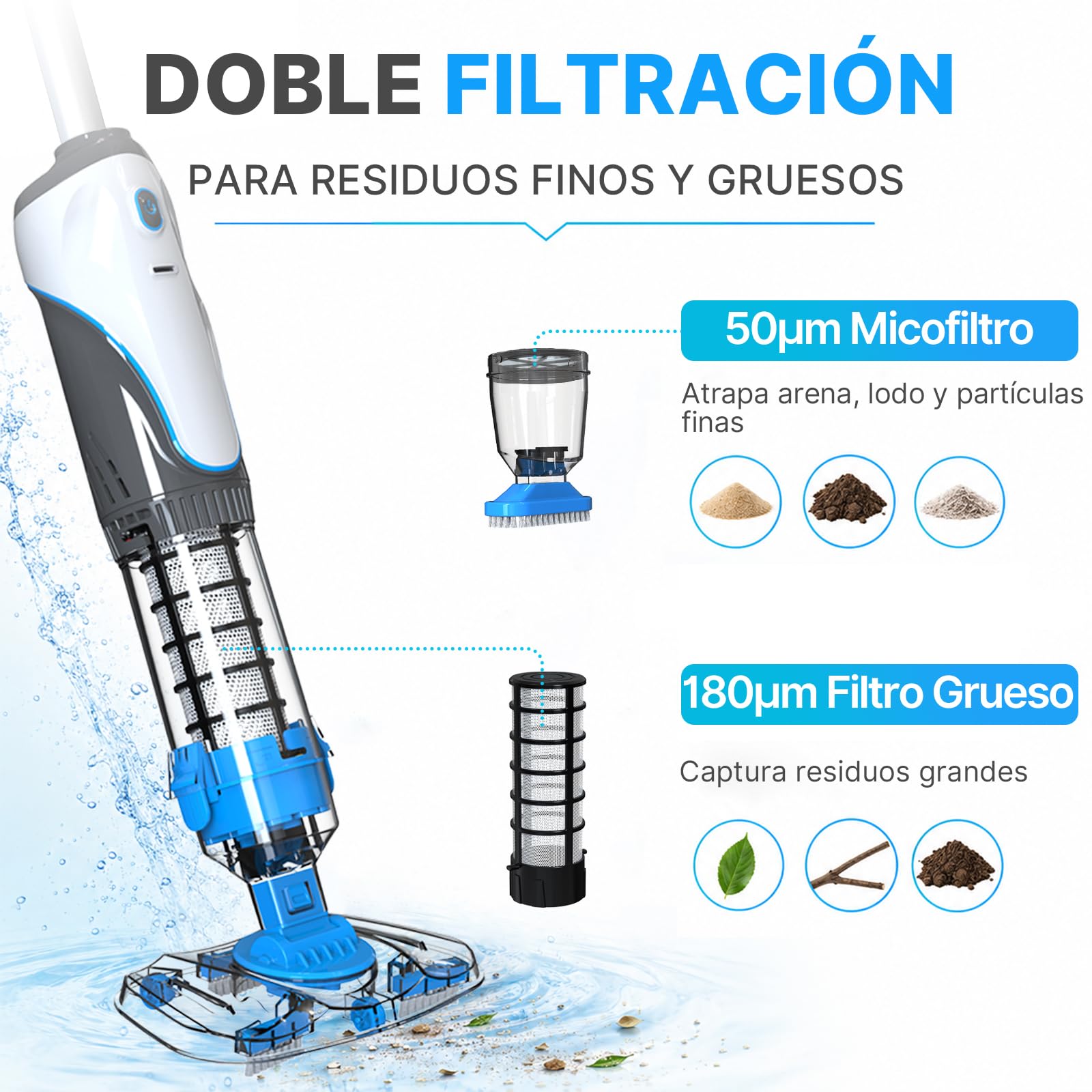 2026 Aspirador de Piscina a Batería Recargable, Aspirador de SPA Inalámbrico, Doble Filtración, Limpiafondos de Piscina, Ideal para SPA, Piscina Pequeña, Azul