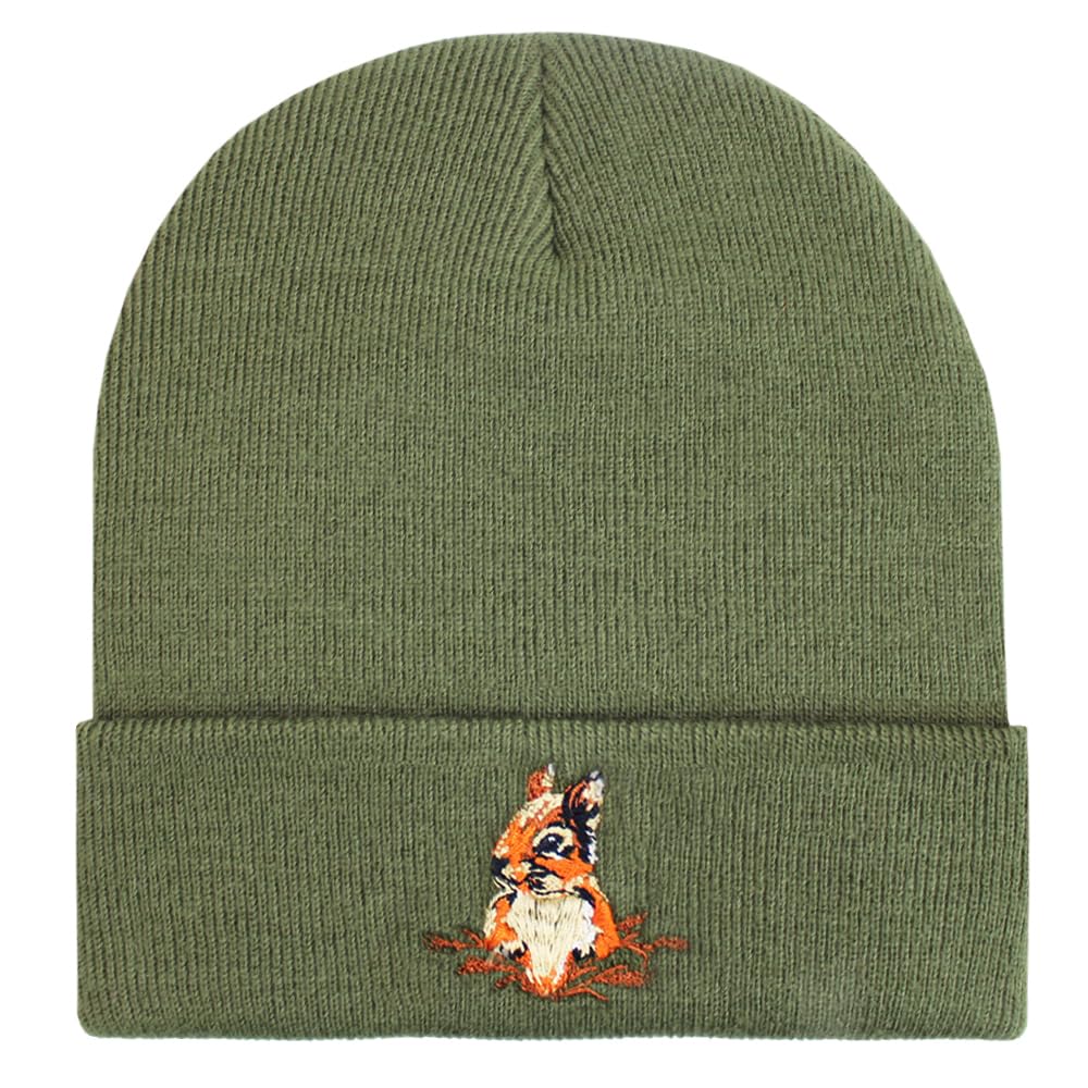 Teddyt's Men's Khaki Green Red Squirrel Embroidered Country Knitted Rib Beanie Hat (Khaki Green)