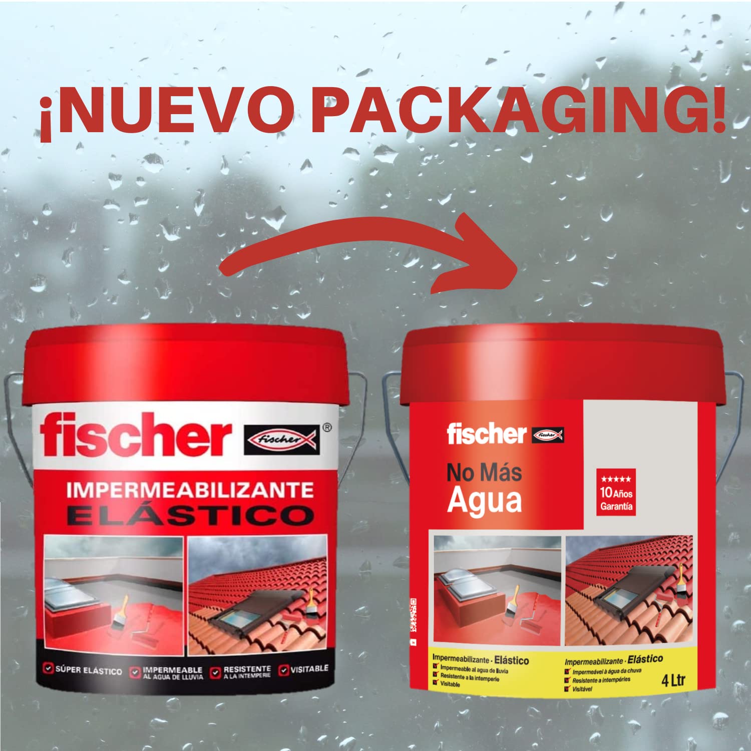 fischer - Impermeabilizante Elástico Rojo para Tejas y Baldosas, Fácilmente Aplicable en Horizontal y Vertical, Resistente al Agua y a la Intemperie, Impermeabilizante Rojo Sin Fibras (4 Litros)