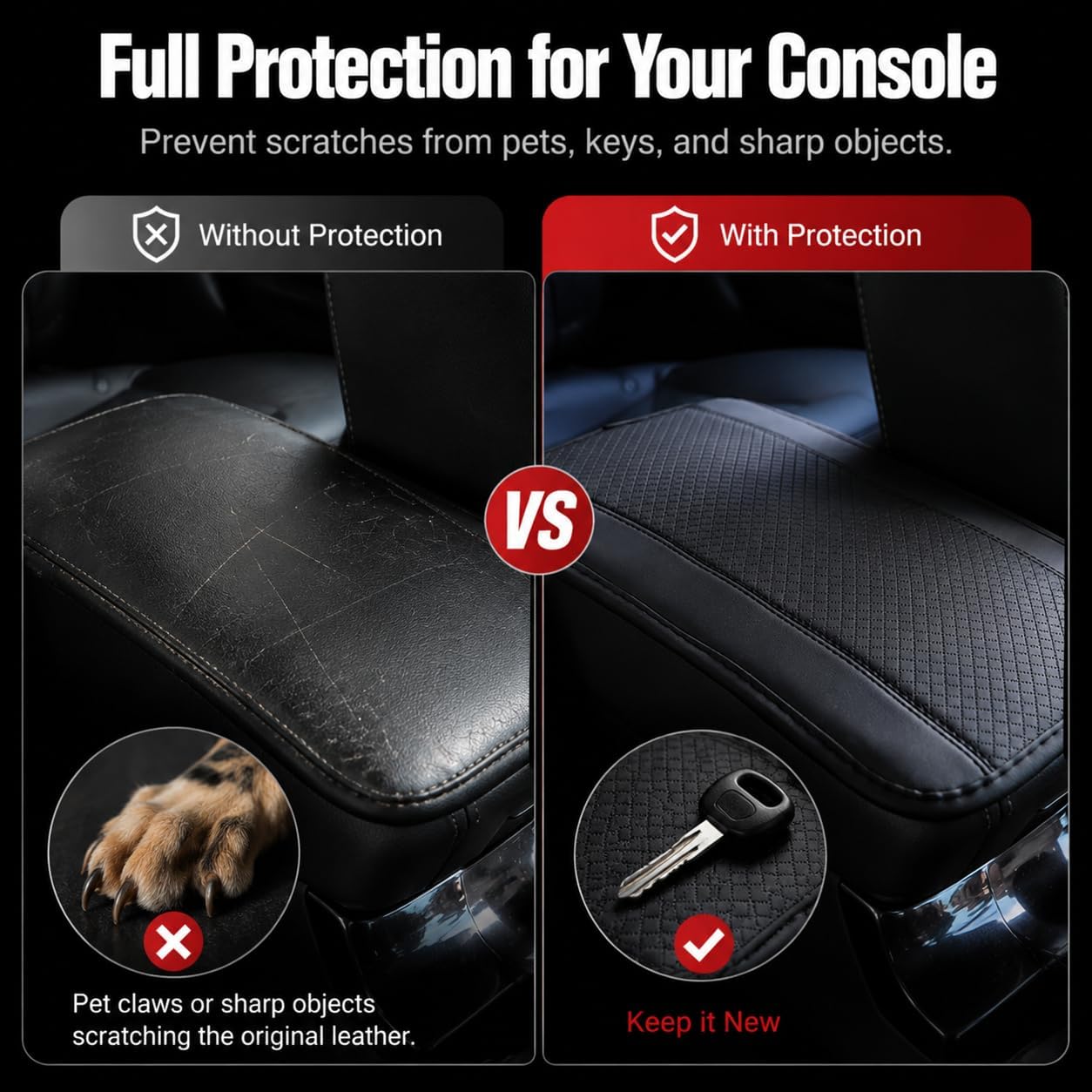 Leather Embossing Car Center Console Armrest Pad, Waterproof Non-Slip Armrest Box Cover with Straps, 7.48" x 12.6" Soft Console Protector Mat, Universal for Most Cars, SUVs, Trucks (Black)