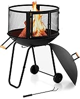 Giantex 28" Portable Rolling Fire Pit with Wheels, Log Grate, Poker - Wood Burning for Camping & Backyard
