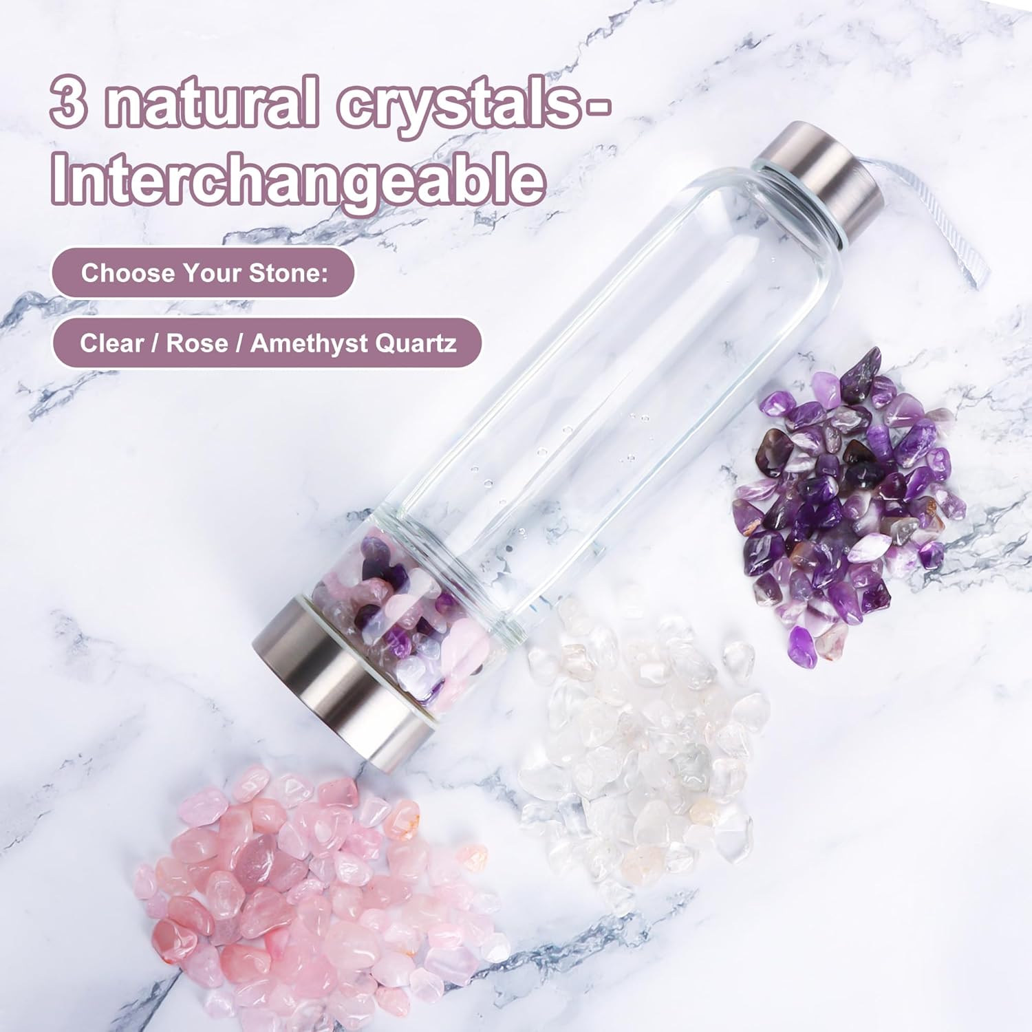 Crystal Water Bottle with 3 Changeable Stones-Amethyst, Rose Quartz & Clear Quartz Crystals,for Tea Lovers