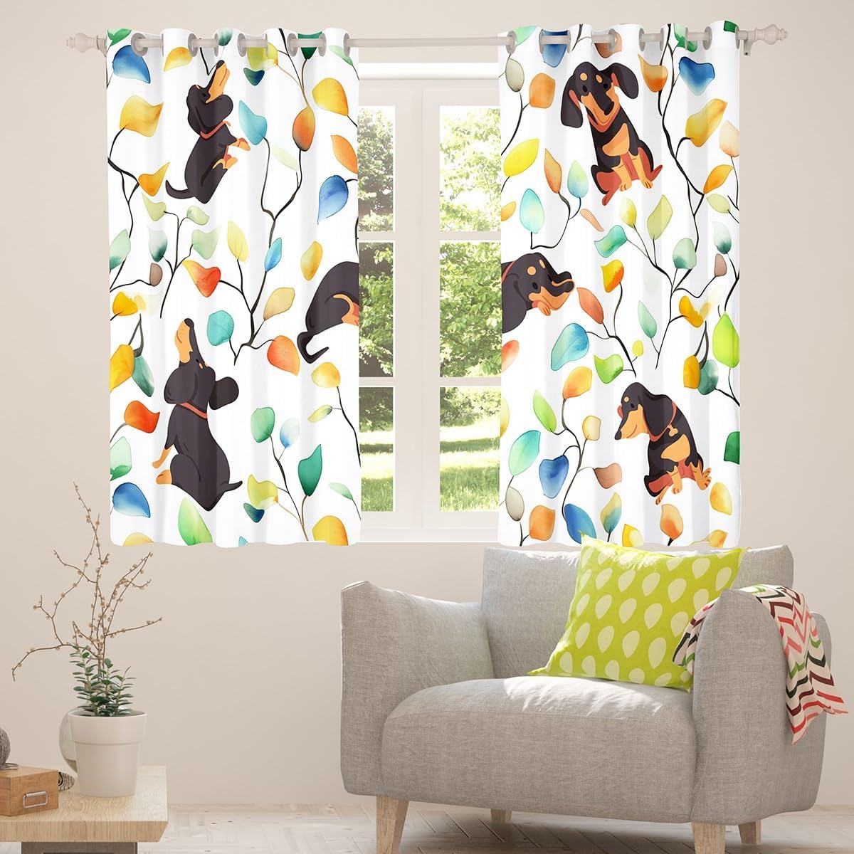 Erosebridal Cute Dachshund Curtains for Kids Child Hippie Floral Blackout Curtains, Cartoon Dog Theme Curtains & Drapes Watercolor Leaves Bedroom Curtains, Chic Flower Window Treatments