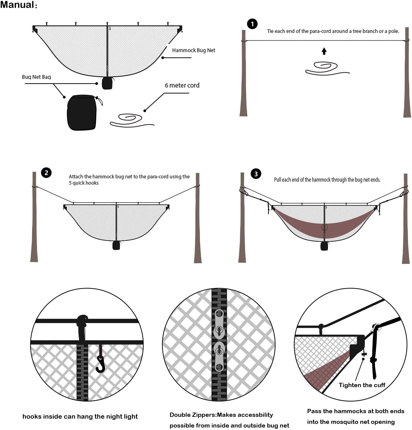 Mosquito net for Camping Hammock, Compact Lightweight Hammock Netting, 12' Long with Dual Sides Zippers Fits All Camping Hammocks - Image 3