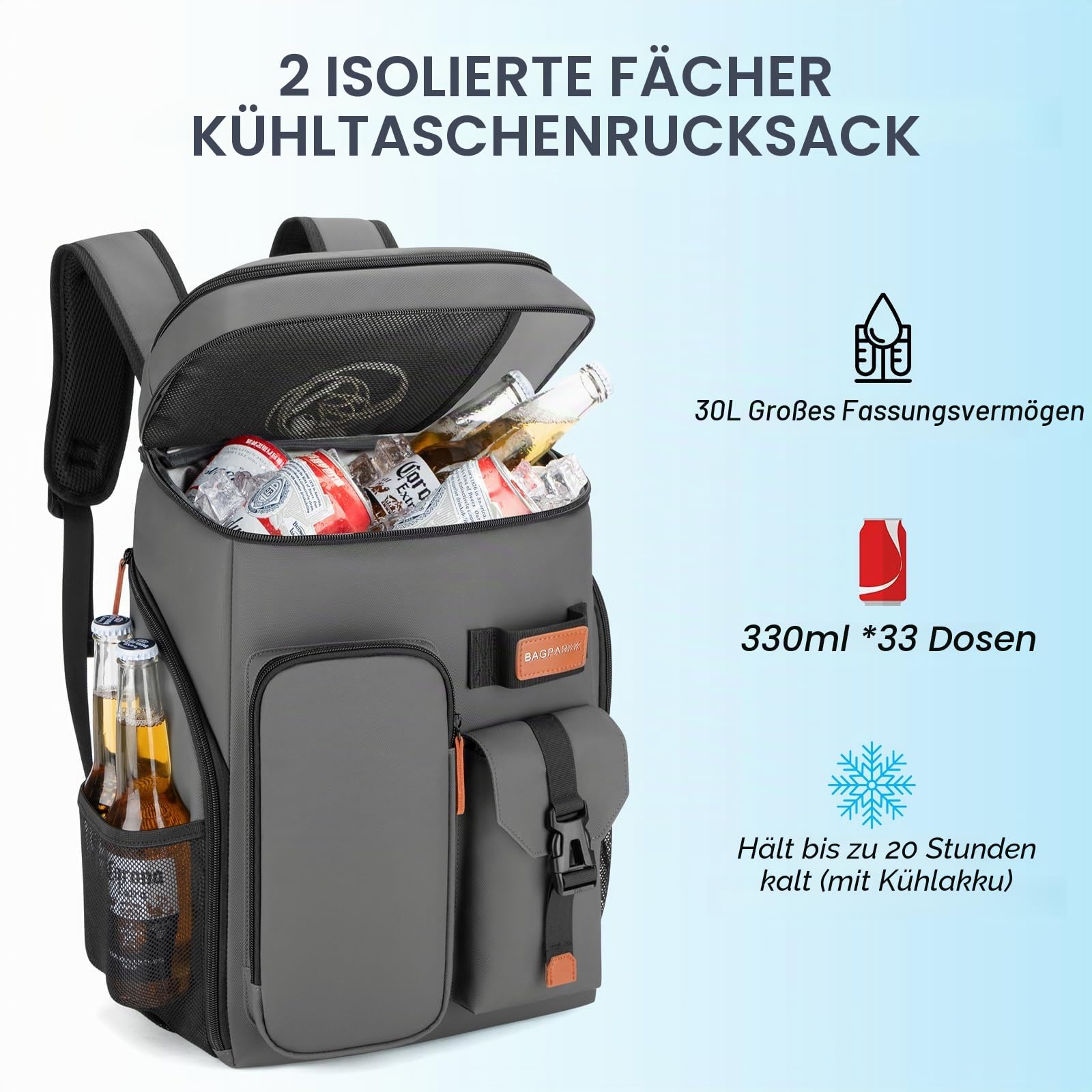 BAGPARKK Isolierter Kühlrucksack, 33 Dosen, multifunktional, doppelstöckig, auslaufsicher, Kühltasche mit Brustgurt, große Kapazität, leicht, Reisen, Camping, Strandrucksack