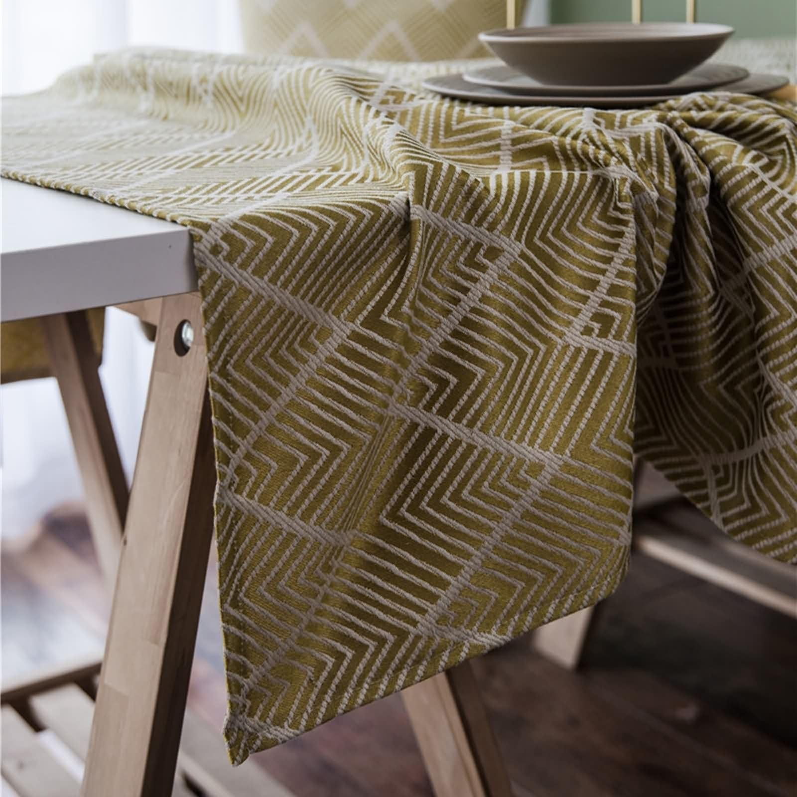 Tovaglia Rettangolari Lunga Strisce Ondulate Tovaglie Poliestere per Ristorante Giallo,135x250CM
