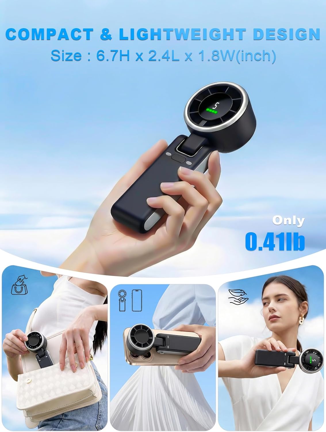 Portable Handheld Turbo Fan 607S White & Mini Clip-On Fan for Hat 616 Black