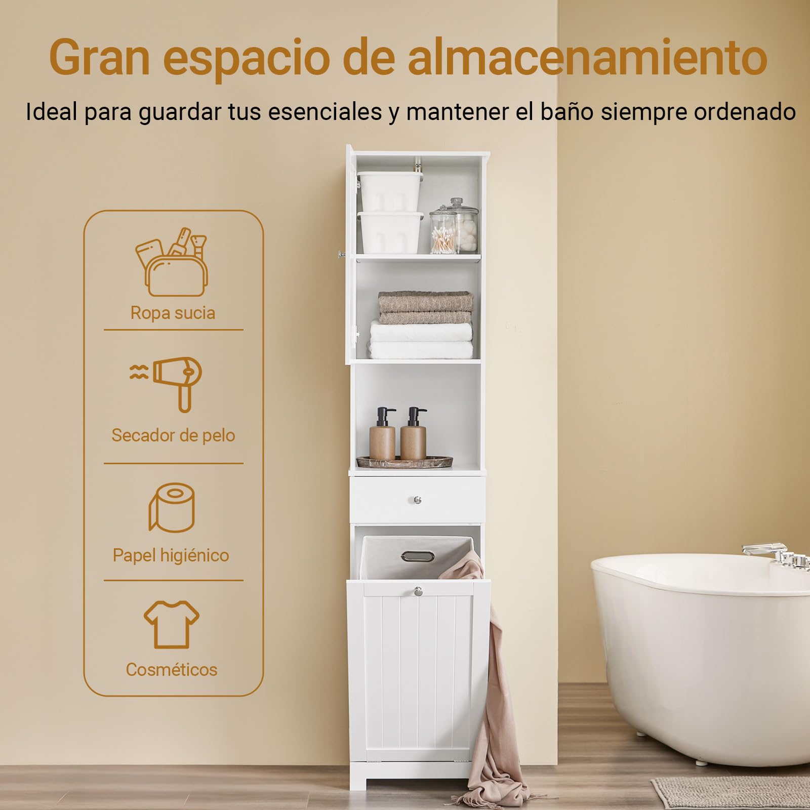 SoBuy Mueble Baño Columna Baño Estrecho con Cesto Ropa 40x38x180cm | Armario Alto para Pequeños con Cajón Compartimento Abierto y Estante Ajustable Mueble Auxiliar BZR216-W