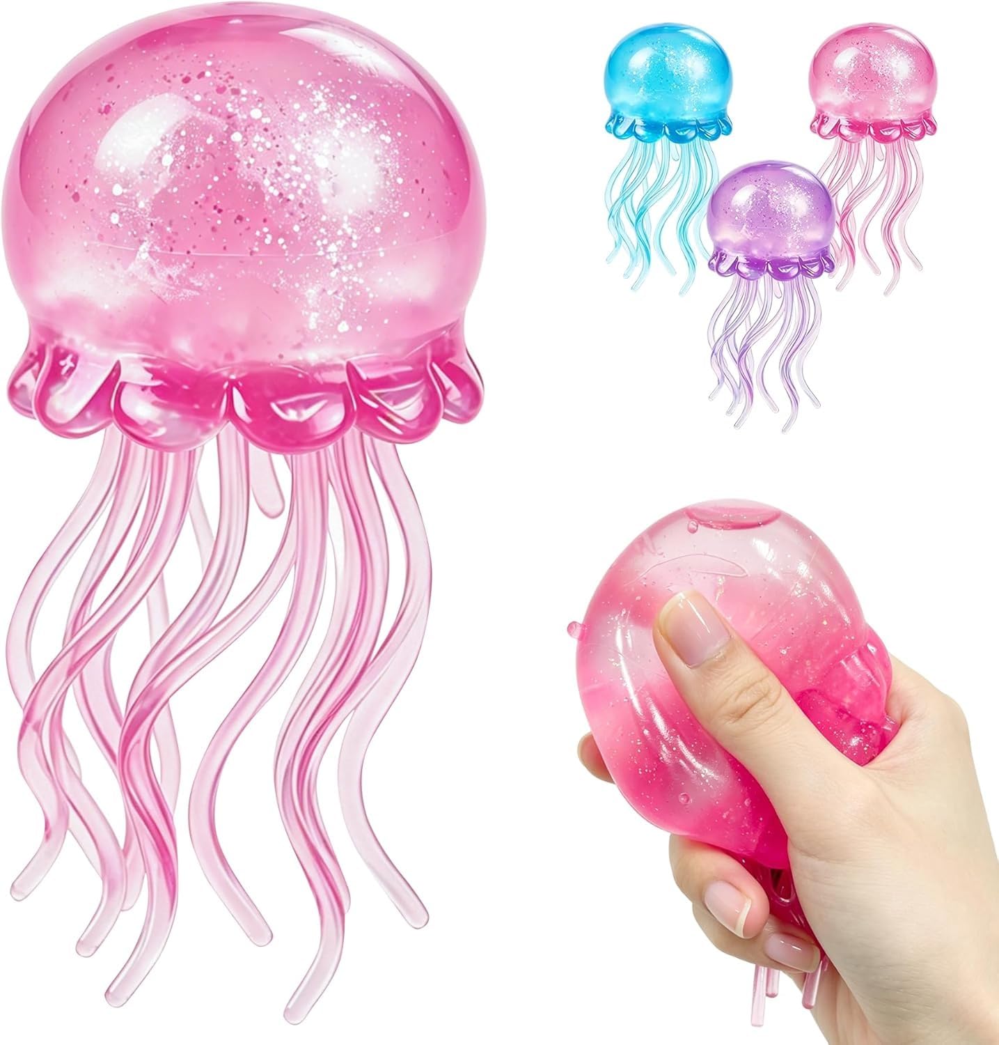 Glitter Jellyfish Squishy Toy, Stress Relief Fidget Toy for Kids & Adults, Soft Slow Rise TPR Sensory Toy with Wiggly Tentacles, Cute Squeeze Anxiety Relief Toy for Office, School & Travel(Pink)