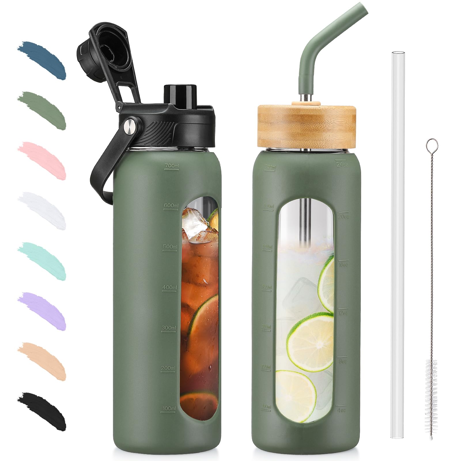 BLUEGO Borraccia Vetro 700ml con 2 Coperchi e Cannuccia, Sportiva Bottiglia d'Acqua con Custodia in Silicone e Indicatori di Tempo, Senza BPA, Verde oliva