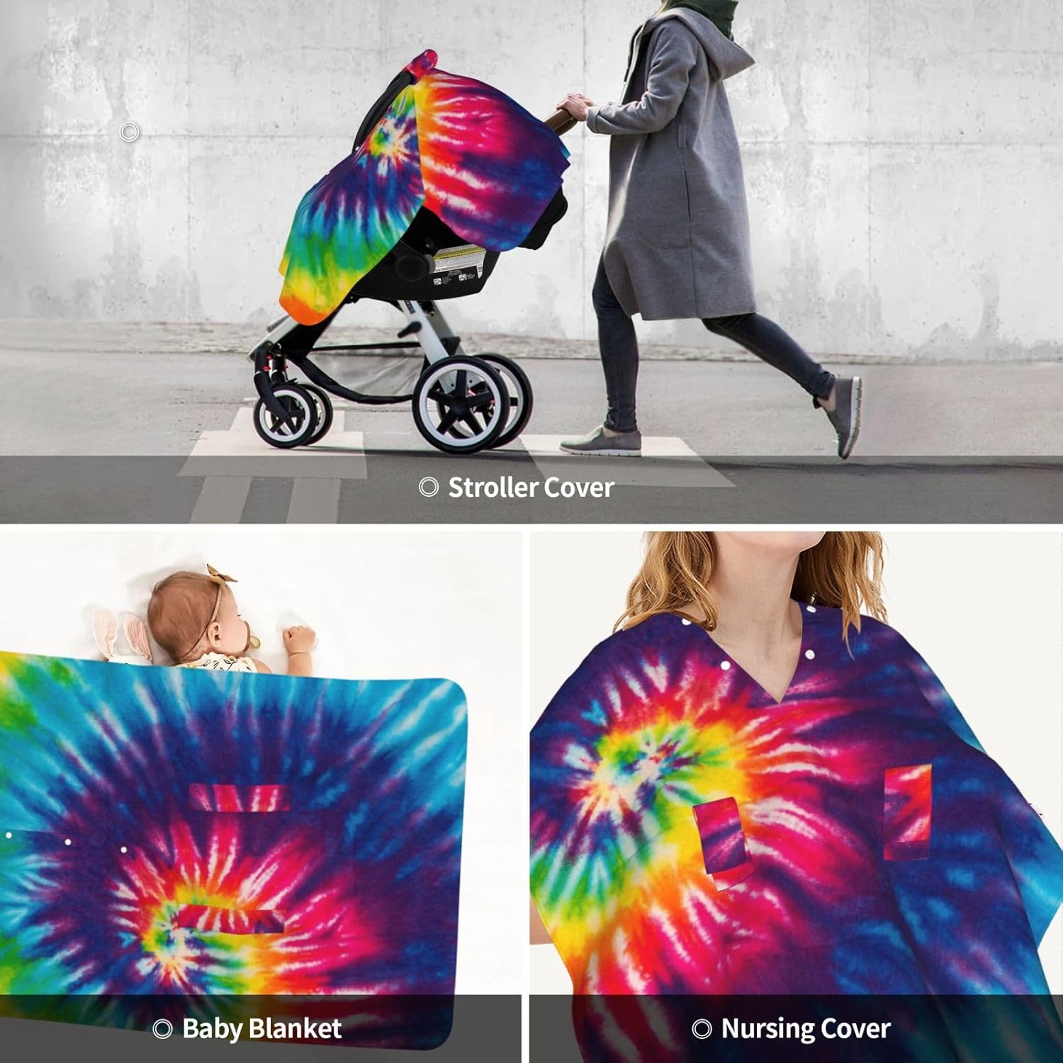 Retro Rainbow Tie Dye Baby Car Seat Cover & Breastfeeding Nursing Cover - Breathable Stretch Fabric Multi-Use Nursing Cover for Breastfeeding