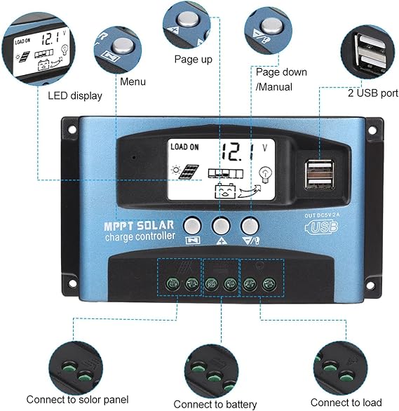 Solar Charge Controller - MPPT 40/50/60/100A Dual LCD Display USB 12V 24V(40A) Solar Charge Controller