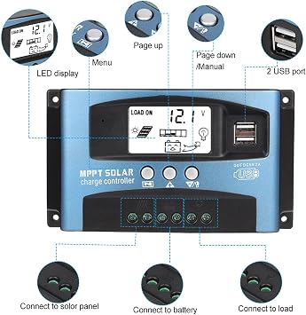 Solar Charge Controller - MPPT 40/50/60/100A Dual LCD Display USB 12V 24V(40A) Solar Charge Controller