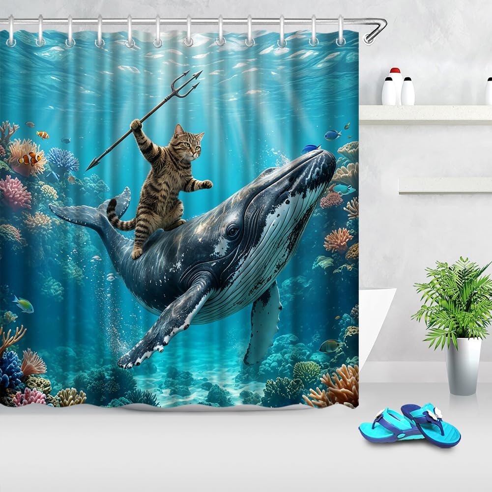 Funny Cat Riding Whale Shower Curtain Ocean Underwater Theme Colorful Coral Reef Bathroom Decor
