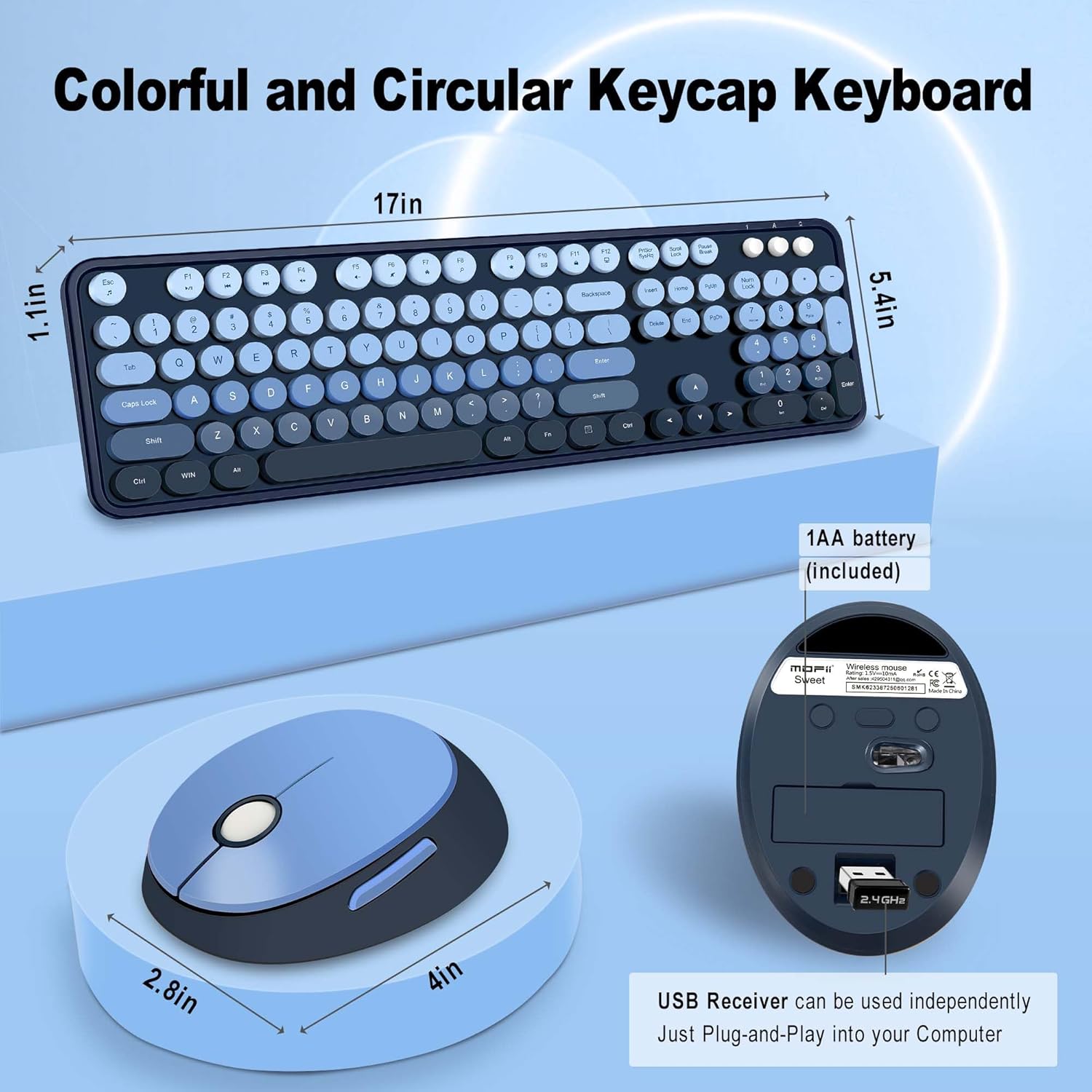 Wireless Keyboard and Mice Combo,Retro Round Keys Full-Sized Cute Keyboard, 2.4Ghz Dropout-Free Connection and Optical Mouse for Windows, Mac, PC, Laptop, Desktop (Blue-Colorful)