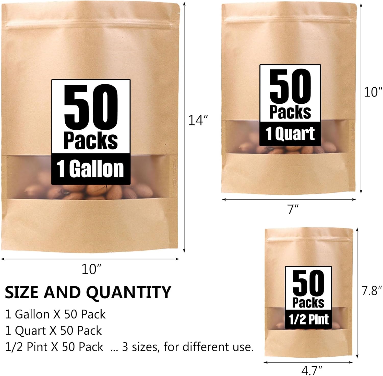 WAFUNNE 150pcs Kraft Bags with Window, 3 Sizes: 10'x14', 7'x10', 4.7'x7.8', Resealable, Disposable, Brown, Paper, Self Seal, Stand Up, Lightweight, Leak Resistant, Ideal for Food Storage