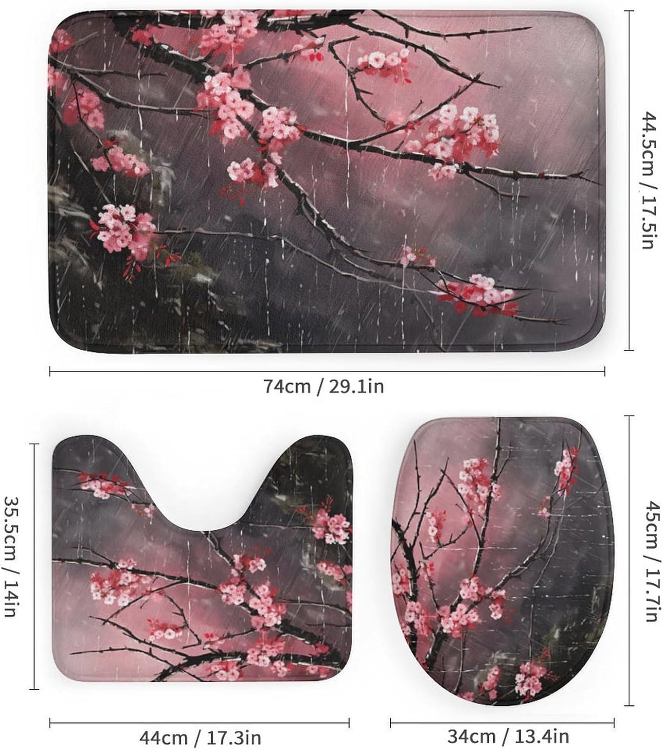 4Pcs Cherry Blossom Pink Floral Shower Curtain Sets with Non-Slip Rugs,Toilet Lid Cover and Bath Mat, Japanese Style Shower Curtain with 12 Hooks,Bath Shower Curtain for Bathroom Decor