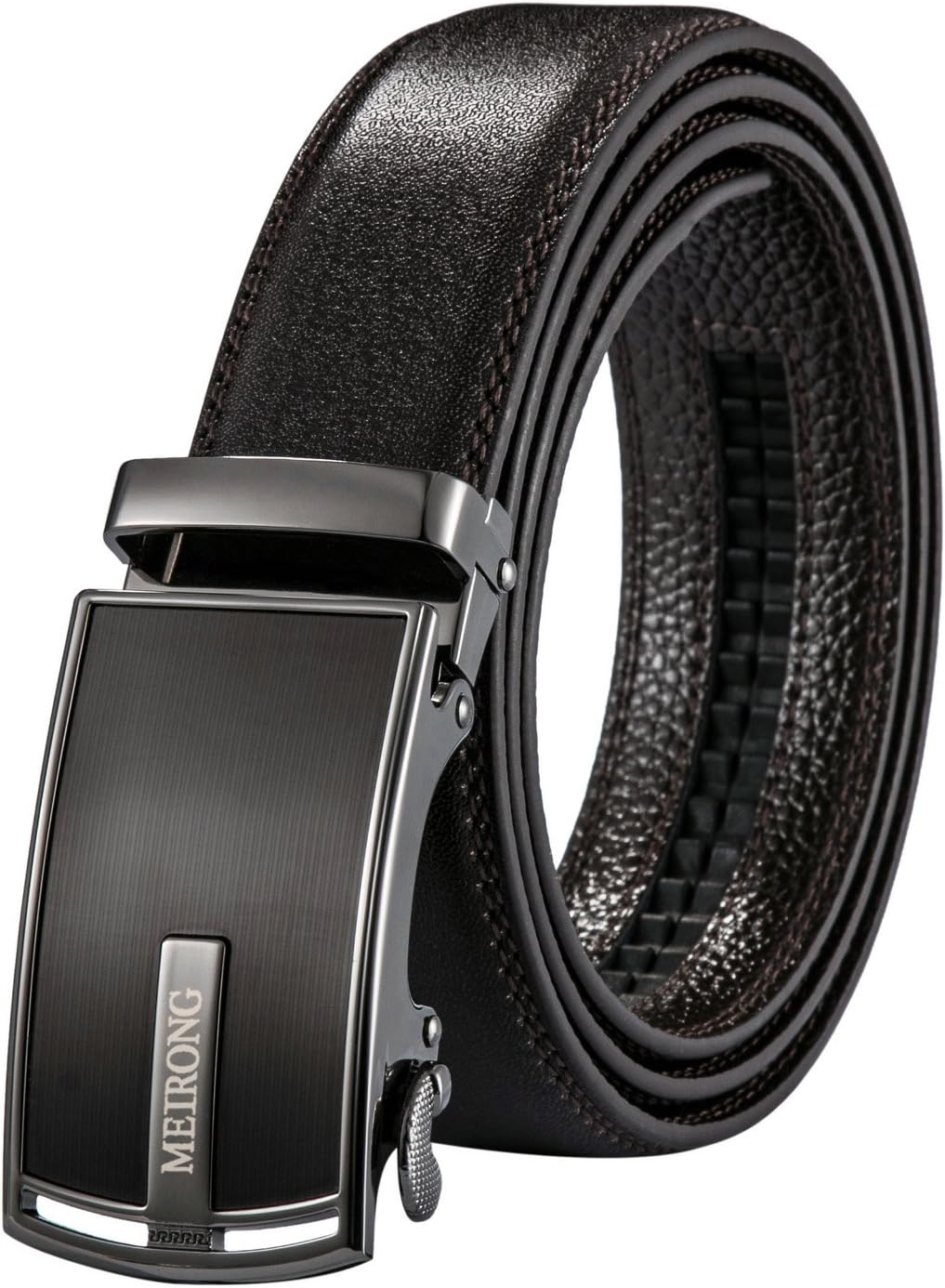 Leather Belt for Men - Automatic Buckle Ratchet Slide Holeless - Long 50" (brown)