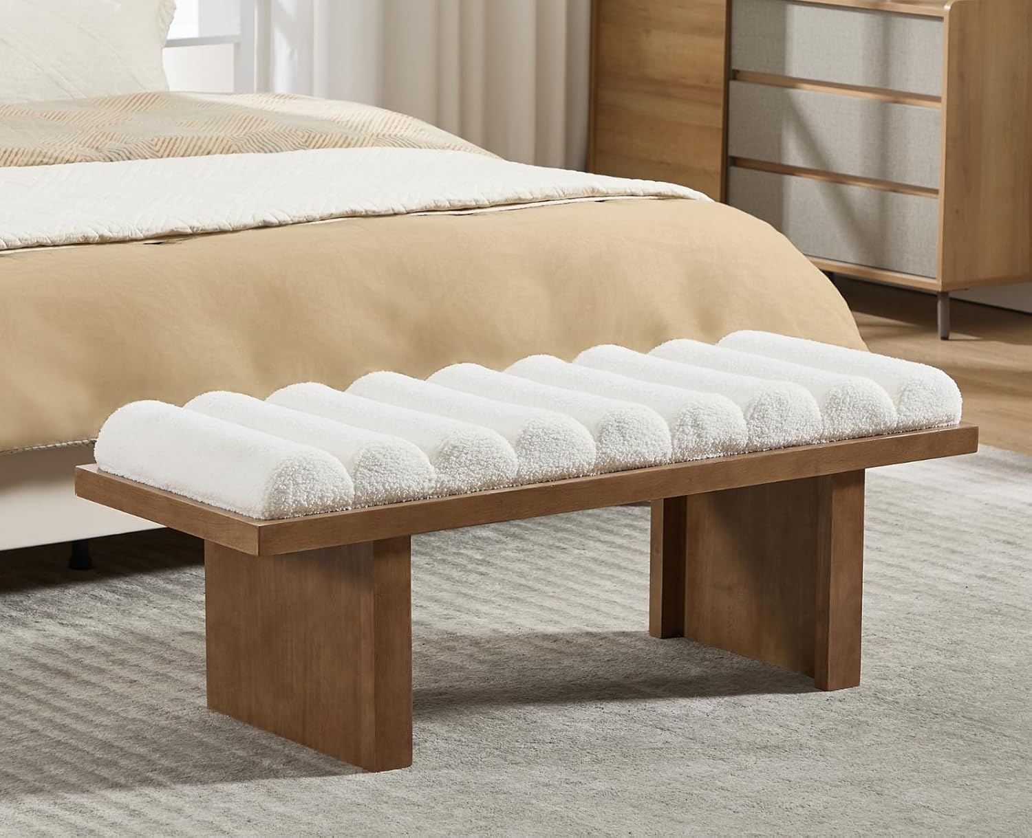 Modern Green Velvet Bedroom Bench 47 Inch Upholstered Fabric End of Bed Bench Wooden Entryway Bench with Cylindrical Cushion Window Bench for Living Room/Hallway
