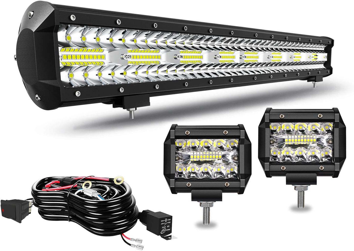 T-Former 23 Inch Led Light Bar 480W Triple Row Spot Flood Combo Beam Off Road Lights+2Pcs 4 Inch 60W Led Fog Lights W/Rocker Switch Wiring Harness for Trucks ATV UTV Jeep Boat Pickup