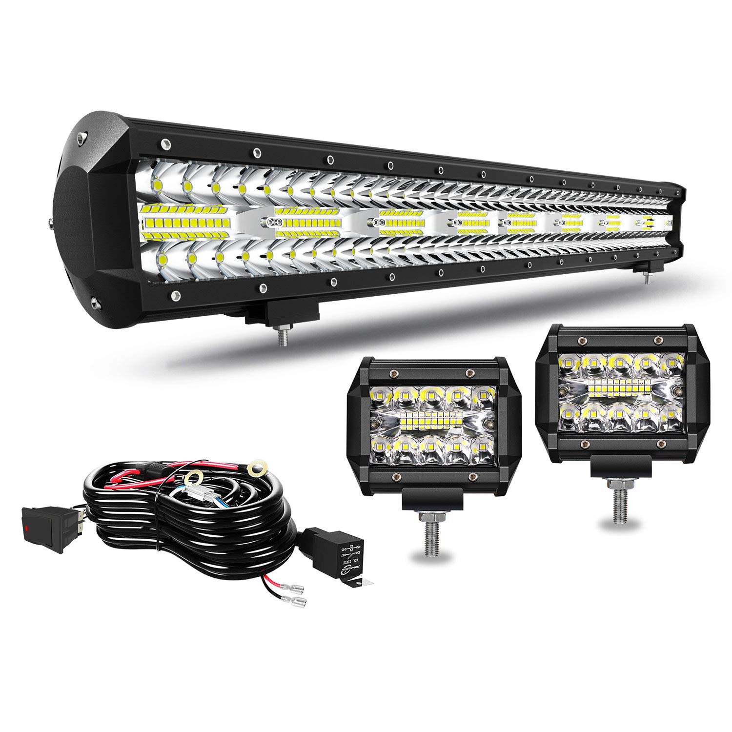 T-Former 23 Inch Led Light Bar 480W Triple Row Spot Flood Combo Beam Off Road Lights+2Pcs 4 Inch 60W Led Fog Lights W/Rocker Switch Wiring Harness for Trucks ATV UTV Jeep Boat Pickup