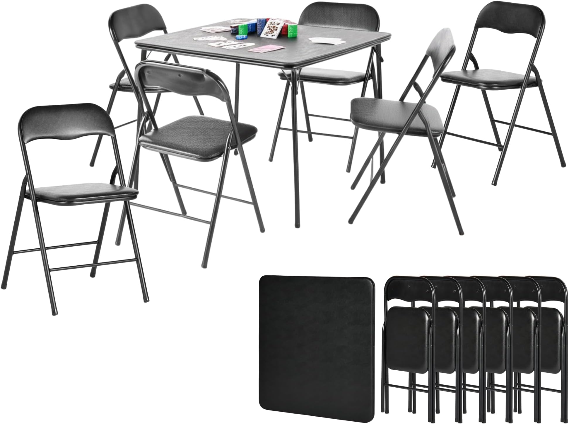 Homy Casa Folding Card Table – 33.9 Inch Square Metal Construction for Indoor & Outdoor Games and Recreation (7-Piece)