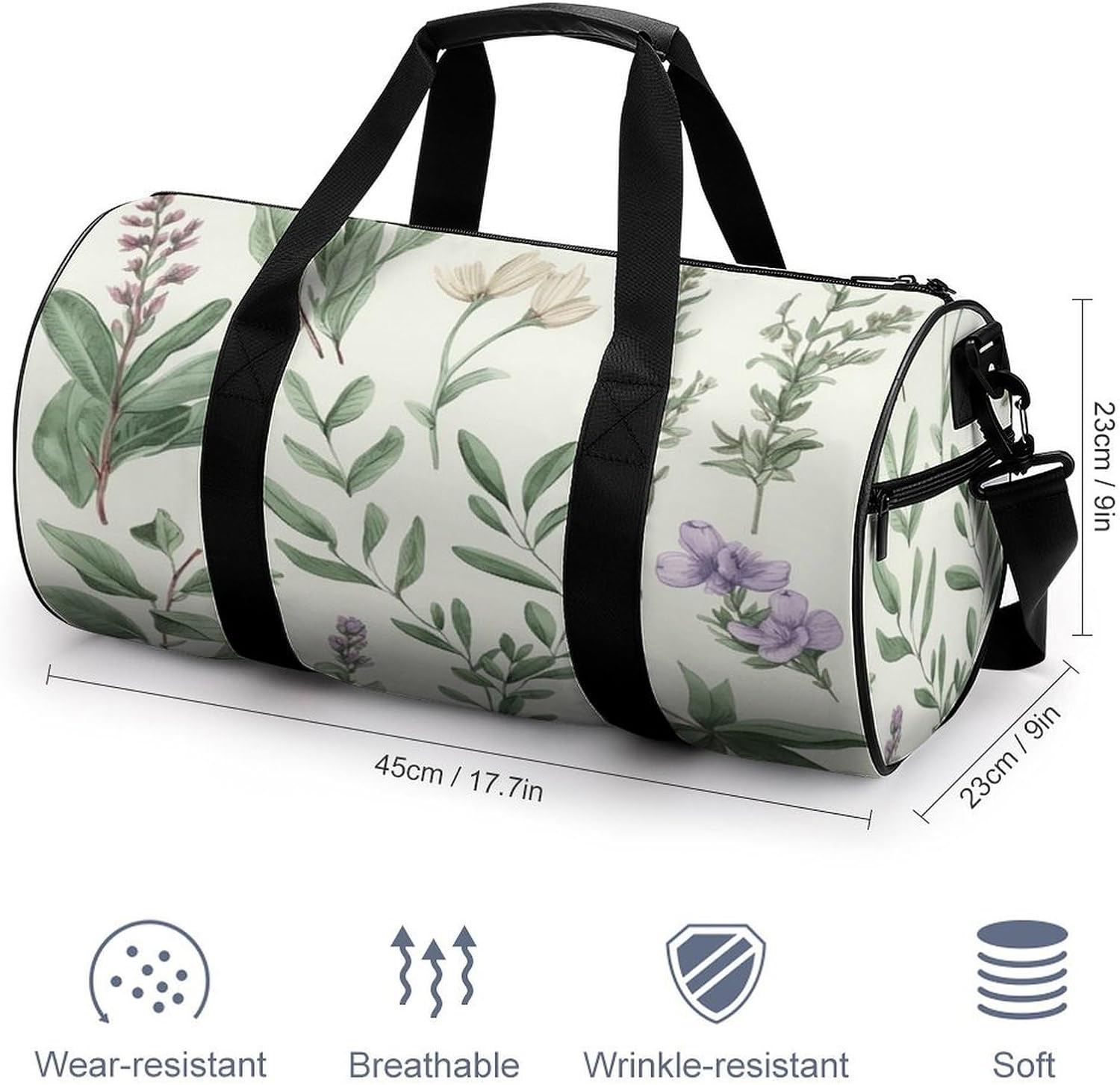 Aesthetic Sports Bag for Women Green Leaves And Branches Printed Duffle Travel Bag for Men Women Mini Workout Bags Cylindrical Gym Bag