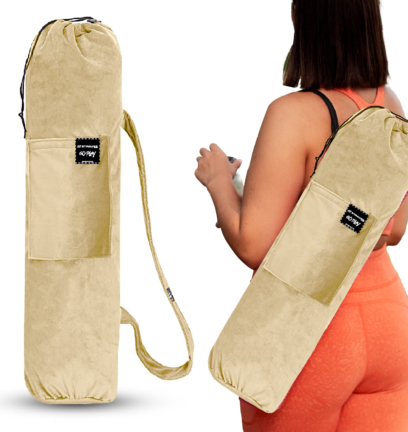 STRAUSS Velvet Yoga Mat Bag with Shoulder Strap | Washable & Durable Yoga Mat Cover Bag | Travel, Yoga & Gym Shoulder Bag | Along with Side Pocket | Ideal for Men & Women, (Beige)
