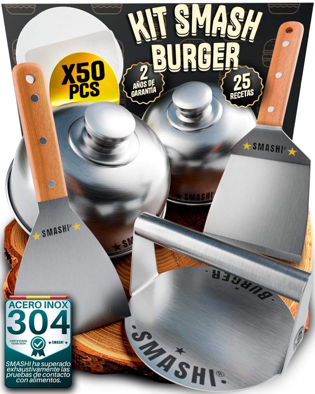 SMASHI® Smash Burger Profesjonalny zestaw ze stali nierdzewnej 304 Certyfikat UE | Prasa do hamburgerów + szpatułki z drewnianą rączką + akcesoria, w zestawie 25 przepisów (profesjonalny)
