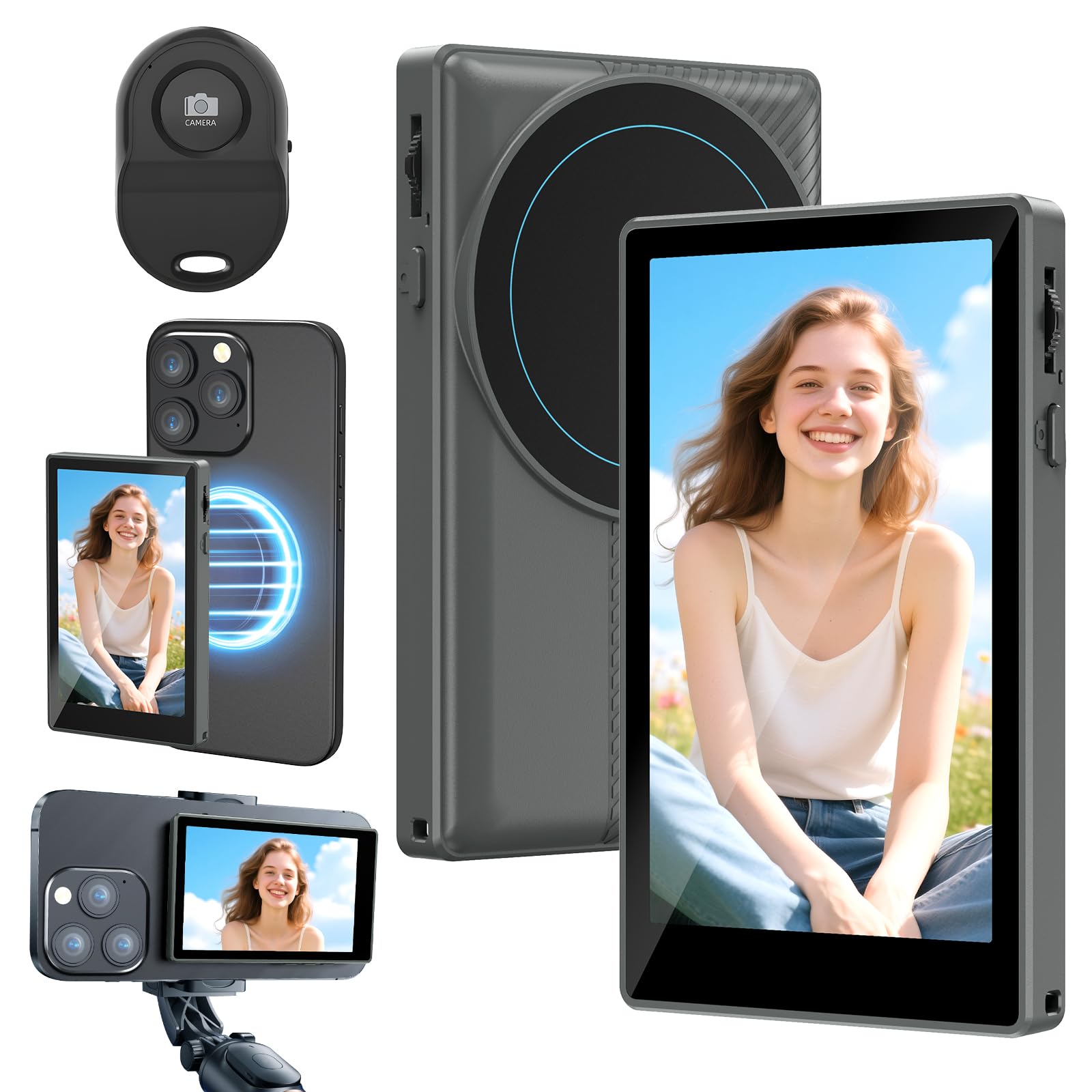 Qoosea écran Retour Caméra Téléphone 4" Magnétique, Écran Selfie sans Fil 1080P avec Haut-Parleur & 4h Autonomie, Retour Camera iPhone et Android, Streaming Live TikTok, Accessoire Vlog