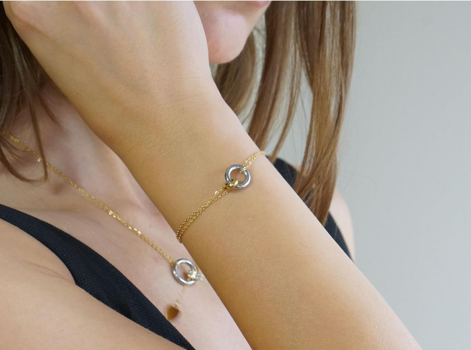 QueenBee Mixed Metal Interlocking Rings Bracelet, Elegant Layered Silver Gold Chain Jewelry, Hypoallergenic Double Circles Bracelet, Circle Pendant Two-Tone Jewelry Gift for Birthday, Holiday, Weddings Bridal Gift - Image 2