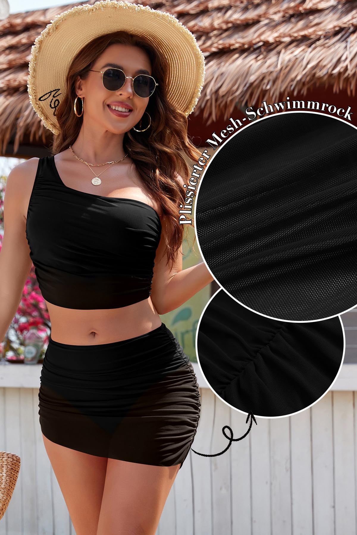 SHEKINI Femme Bikini Ensemble Bikini Ventre Plat Une Epaule Élégant Maillots de Bain 2 Pièces Jupe de Bain Asymétrique Chic Swimwear de Couleur Unie