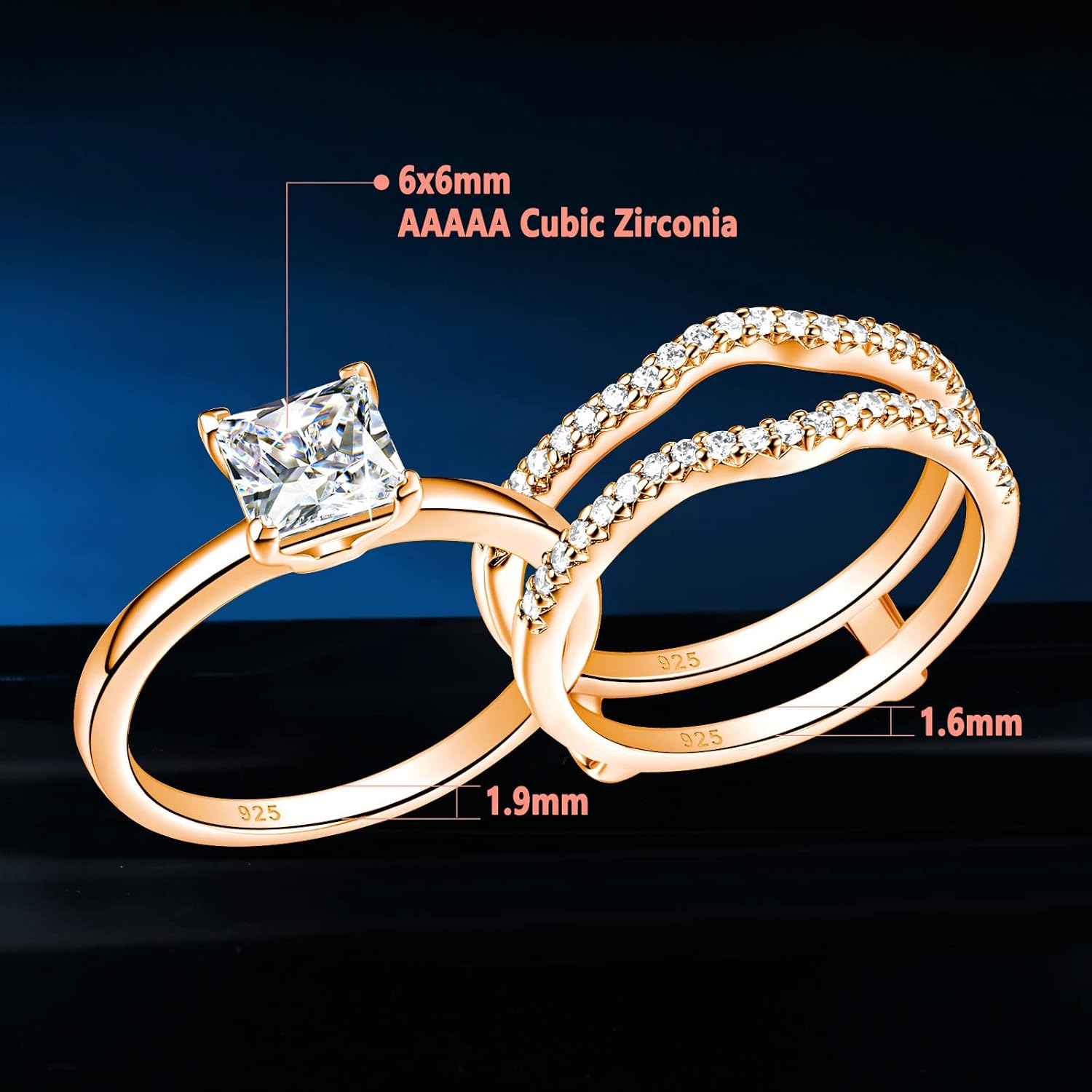 SHELOVES Solitaire Princess CZ Engagement Rings Set for Women Wedding Rings Enhancers band 925 Sterling Silver 4-13 - Image 9