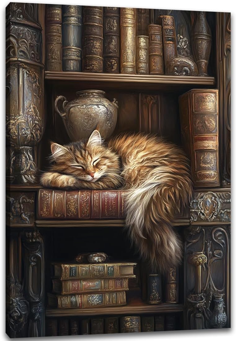 Sleeping Cat Book Bookshelf Canvas Wall Art,Reading Room Decor,Retro Bookish Posters Oil Painting Prints for Women Girls,Retro Library Book Club Gifts, Books Themed Party Decorations,16"x24" Framed
