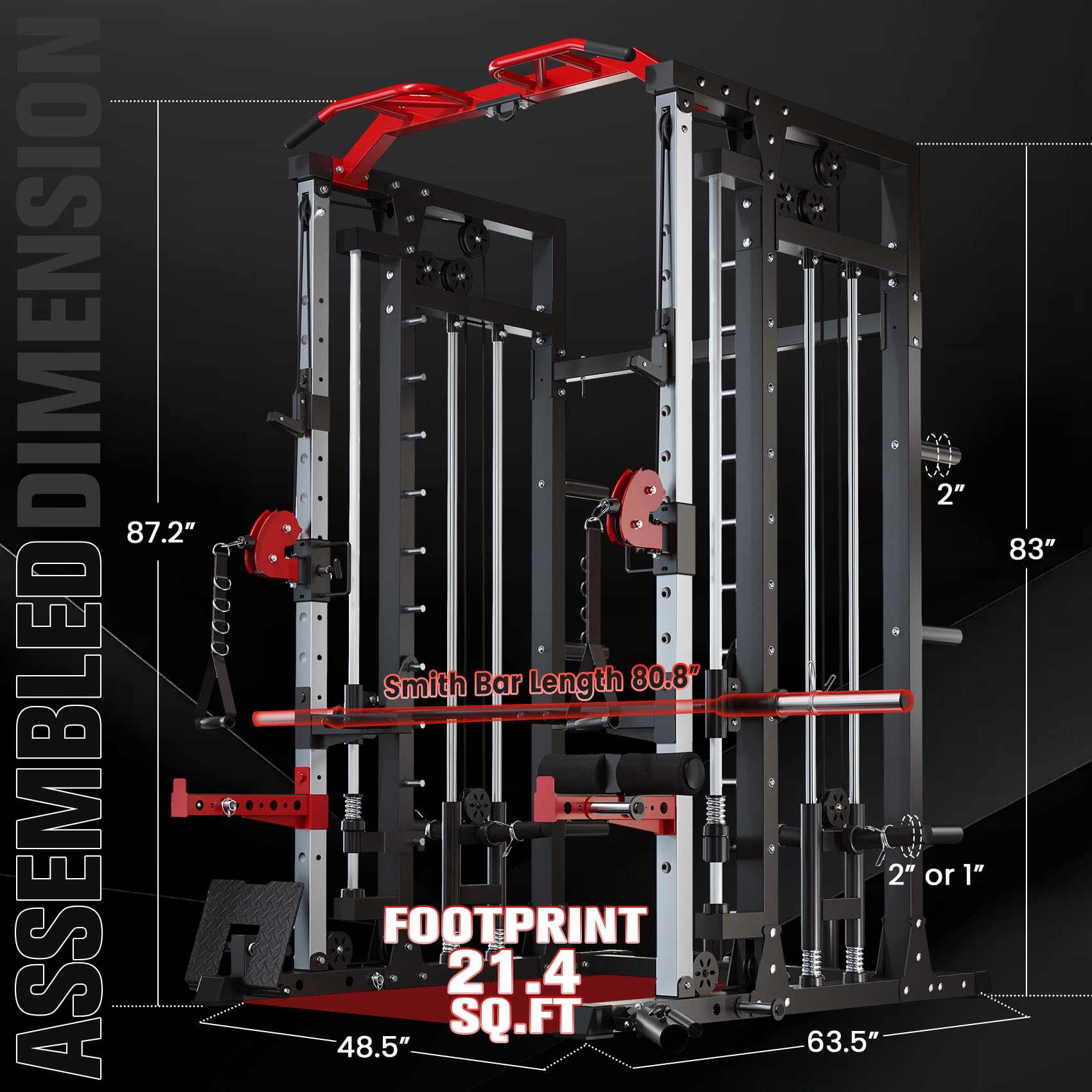 Smith Machine - 2200lbs Squat Rack Home Gym with LAT-Pull Down System & Cable Crossover Machine - Training Equipment with Leg Hold-Down Attachment