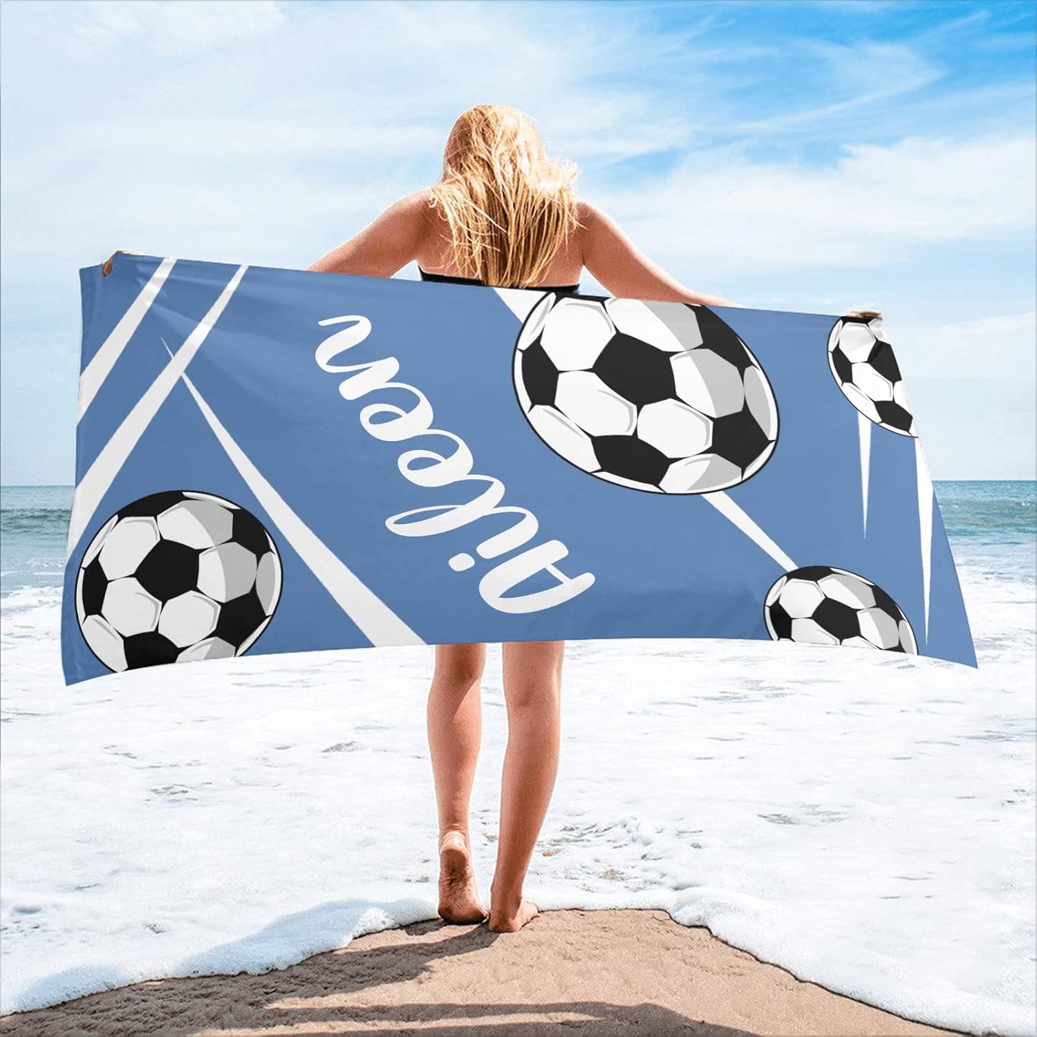 Personalized Soccer Blue Beach Towel with Name Custom Large Oversized Towels 2 Sides Printed for Sport Baseball 30 X 60 inch