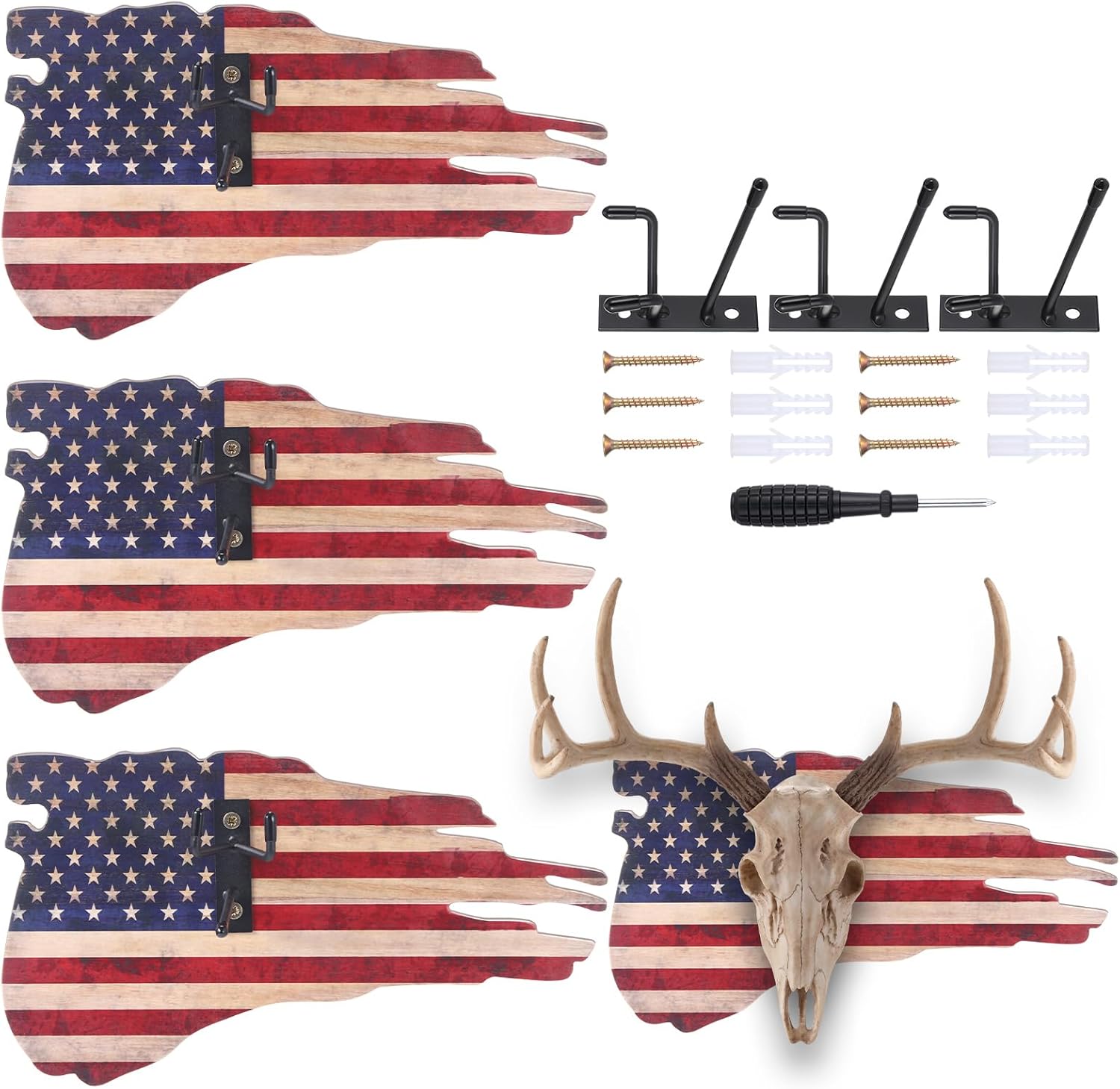 3 Pcs Deer Skull Mount European Deer Plaque Hanger Set Skull Mounting Hanger Kit USA Flag Decor Prey Display Rack Gift for Husband Father Hunter(13'' x 5.9'' x 0.6'')