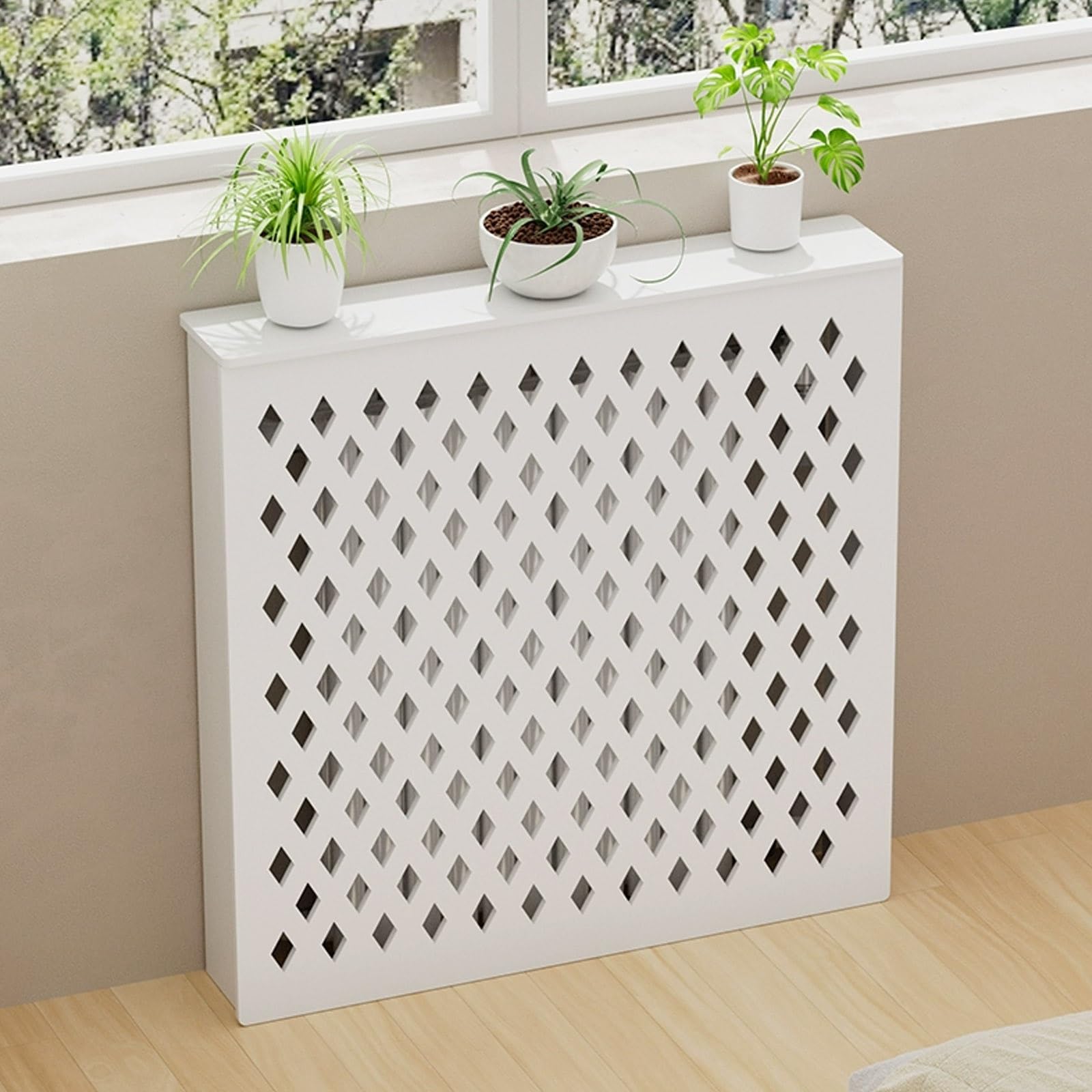 Elegante gabinete de MDF blanco para radiadores con estante superior de madera